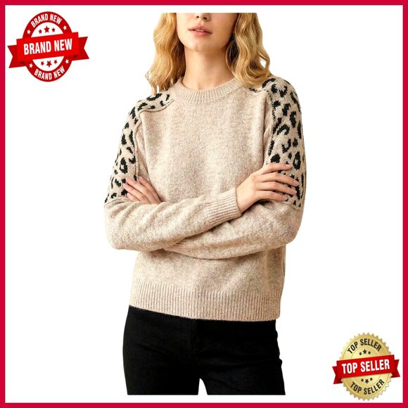 Leopard Print Crewneck Sweater Long Sleeve Knit Pullover Tunic Chic Casual